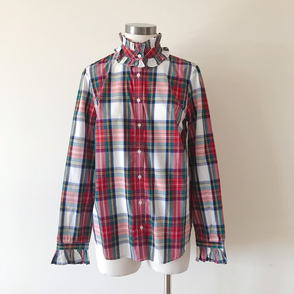 NWT J Crew button down blouse cotton red white plaid ruffle collar